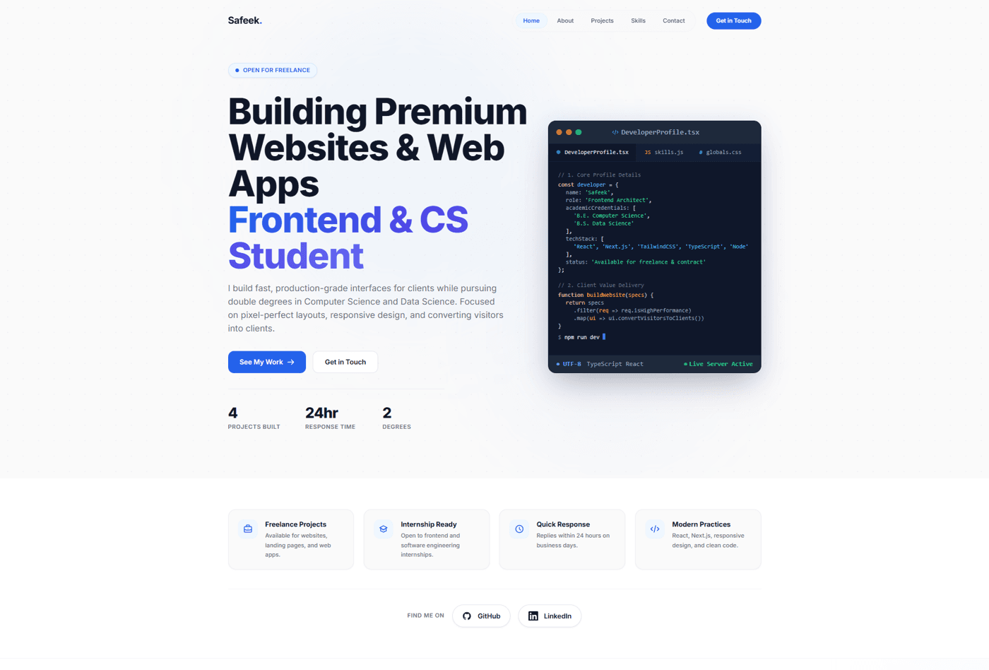 Personal Portfolio homepage — hero and live code mockup