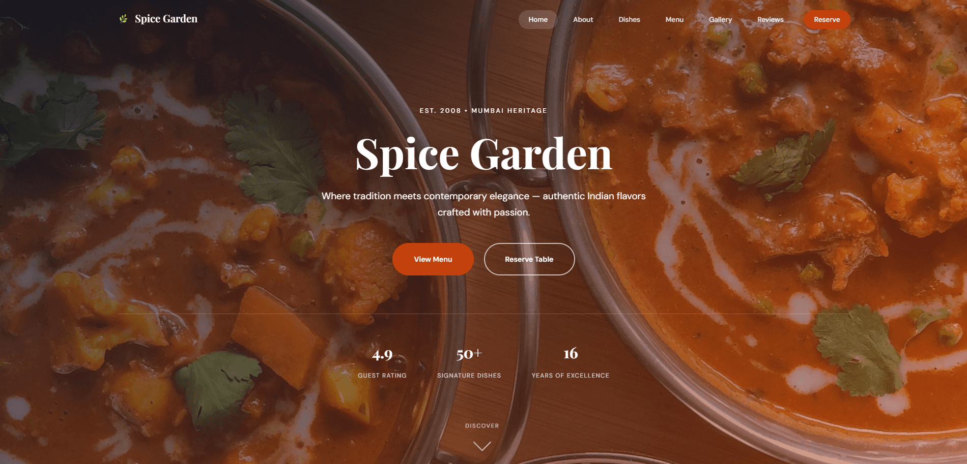Spice Garden restaurant homepage — full-bleed hero photography and reservation CTA